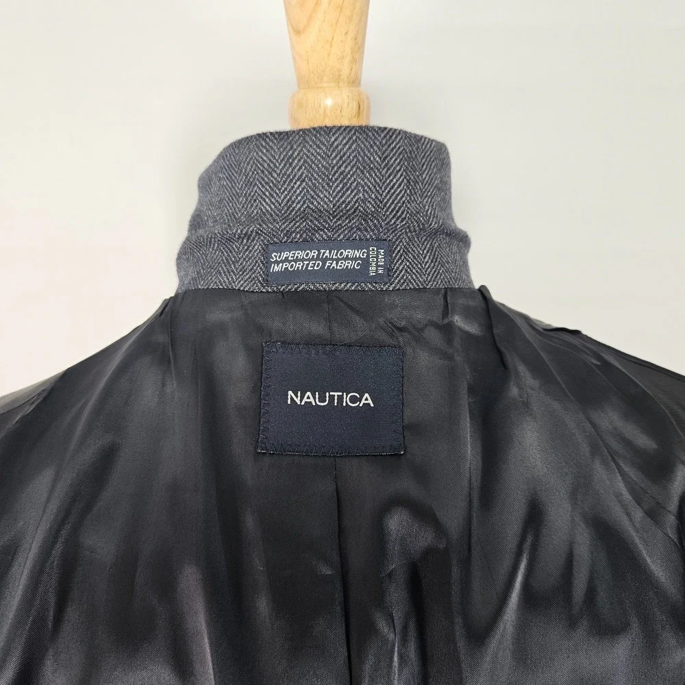 Nautica Men's Sport Coat Blazer Two Button Tweed Herringbone Gray Blue Lamb 40S